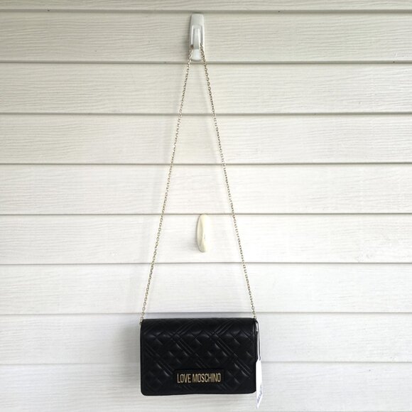 NWT Love Moschino Shiny Quilted chain strap black crossbody bag or clutch - Picture 6 of 12